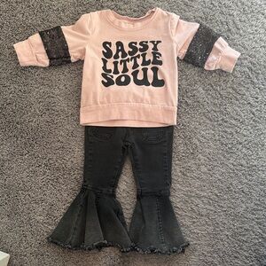 Pink Graphic Sweatshirt and Black Flared Pants Set